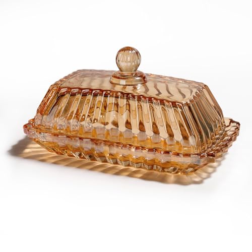 Vintage Covered Glass Butter Dish with Lid (Amber-1 / Amber/Clear)