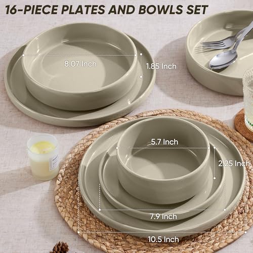 16 Piece Stoneware Dinnerware Sets with Pasta Bowls (Deep Khaki / Bowls Type-16pcs for 4)