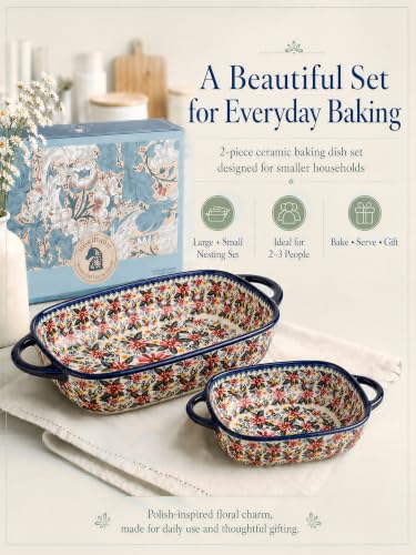 2-Piece Hand-Painted Polish Pottery Style Ceramic Baking Dish Set (Wild Marigold)