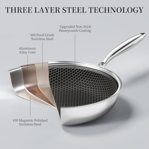 Stainless Steel Frying Pan Nonstick Frying Pan with Lid 10 Inch Honeycomb Stainless Steel Skillet Woks Pan for Gas Electric Induction Ceramic Stoves and Oven (10 Inch)