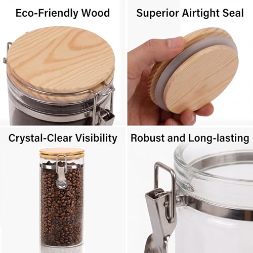 Glass Coffee Canister Set with Shelf & Spoon 2 Piece Coffee Containers for Coffee Bean Storage Airtight Seal (Coffee Jar x 2 & Shelf)