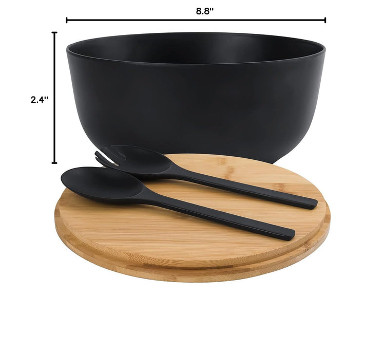 Bamboo Fiber Salad Bowl with Servers Set Large 9.8 inches Nature Bamboo Mixing Bowl with Servers with Lid Spoon and Fork for Fruits (10inch / Black)