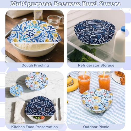 5Pcs Reusable Beeswax Elastic Bowl Covers for Bread Proofing and Food Cover (Blue Floral)