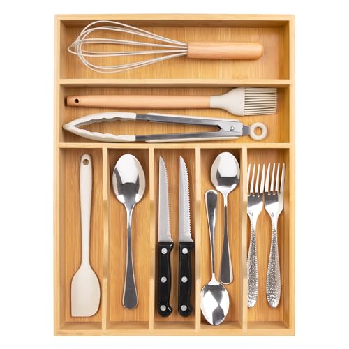 Utensil Organizer 13'' Silverware Drawer Organizer Cutlery Kitchen Bamboo (7 Slots / Natural)