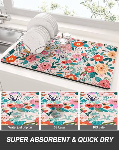 Dish Drying Mat for Kitchen Counter (Colorful Floral / 15" x 24")