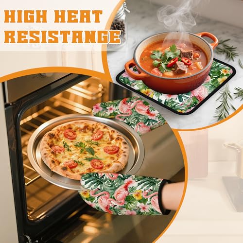 Palm Leaf Oven Mitts and Pot Holders Set (Palm Leaf Flamingo Tropical)