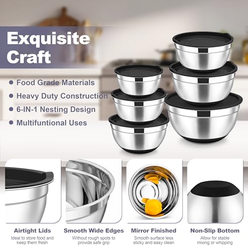 Mixing Bowls Stainless Steel Salad Bowl with Lid & Graters (Black)