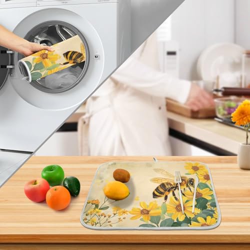 Honey Bee Dish Drying Mat for Kitchen Counter Absorbent Microfiber Small Drying Pad Dish Yellow Flowers Leaves Mats for Kitchen Countertops 16 x 18 Inch (18" x 16")