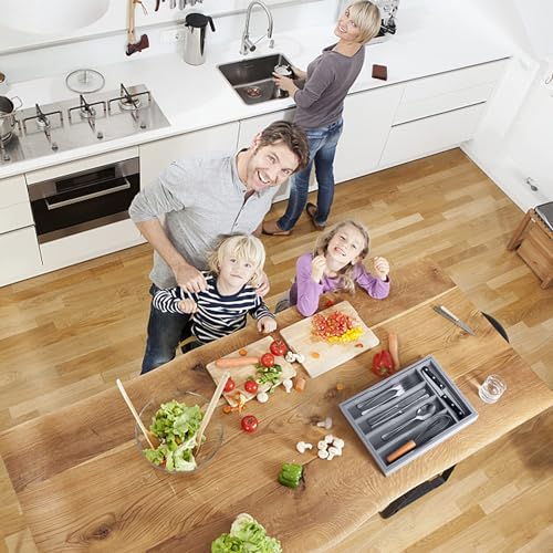 Expandable Bamboo Kitchen Drawer Organizer for Cutlery and Utensils (7 Slots Expandable / Grey)