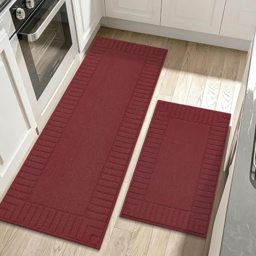 Kitchen Rugs Non Slip Washable 2PCS (Burgundy Red / 24"x35"+24"x60" (Rectangular))