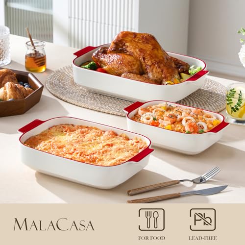 Ceramic Casserole Dishes Set of 3 (White-Red Trim)
