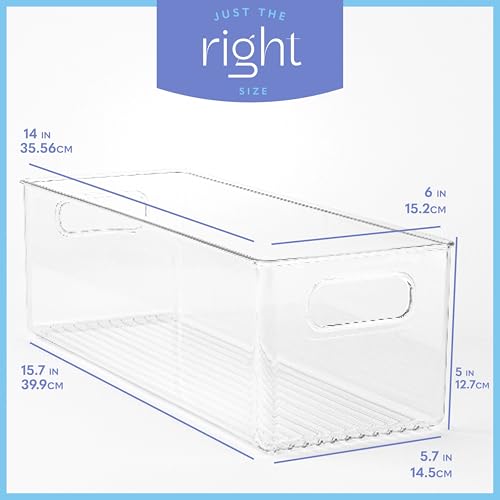 Plastic Food Storage 6 Pack Clear Container Bin with Handles for Organizing Kitchen (14x6x5)