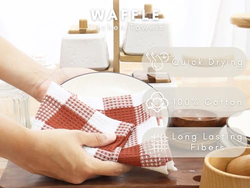 Waffle Weave Plaid Dish Cloth (15 x 25 - 4 Pack / Rust White)
