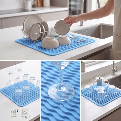 Silicone Dish Drying Mat for Multiple Usage (Light Blue / 12"L x 12"W)