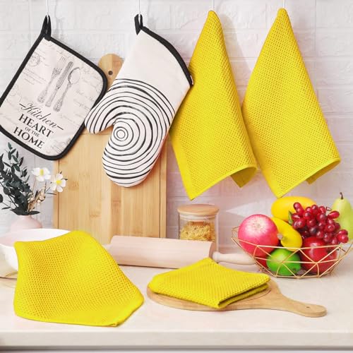 100% Cotton Waffle Weave Kitchen Dish Cloths 6 (Yellow / 12 X 12 - 6 Pack)