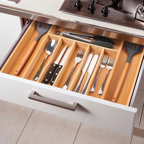 Large Premium Bamboo Silverware Organizer (9 Slots Expandable / Natural)