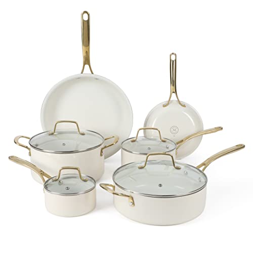 Lockton Premium Non stick Non Toxic PFA Free Ceramic Interior 10 Piece Heavy Gauge Enamel Aluminum Pots and Pans Cookware Set (10-Piece Cookware Set / Linen w/ Gold Handle)