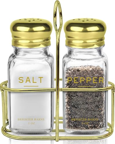 Gold Salt and Pepper Shakers Set with Holder by Brighter Barns (Clear/Gold)