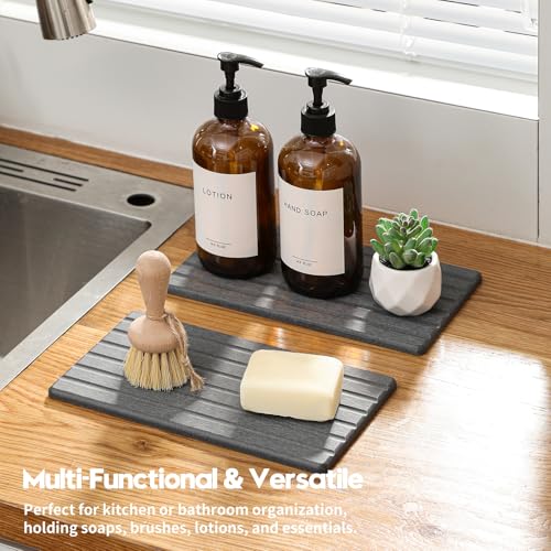 2PCS Water Absorbing Stone Drying Tray Mat for Bathroom Sink & Kitchen Counter Organizer (Dark Gray / 10"x 6")