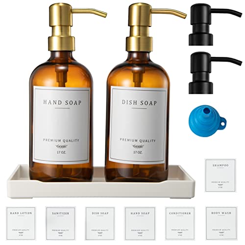 Glass Soap Dispenser for Kitchen (Amber Bottle + Gold Pump + Black Pump)