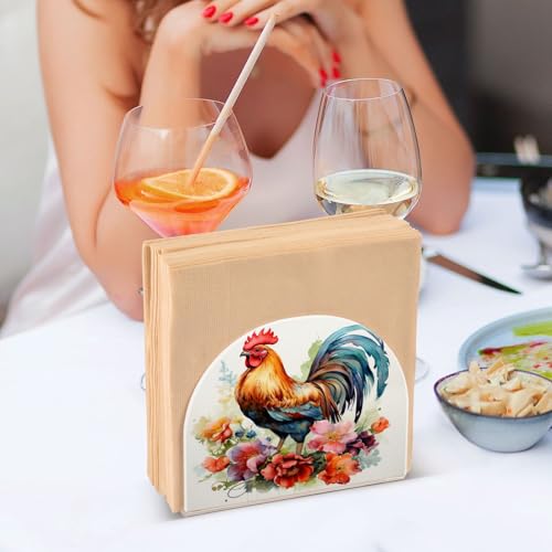 Rooster and Flower Napkin Holder for Table Paper Napkins Holder Acrylic Tissue Dispenser Kitchen Dining Room Bathroom Party Car Decor (NH051 / 4.1x4.9x1.97in)