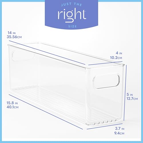 Plastic Food Storage 4 Pack Clear Container Bin with Handles for Organizing Kitchen (14x4x5)