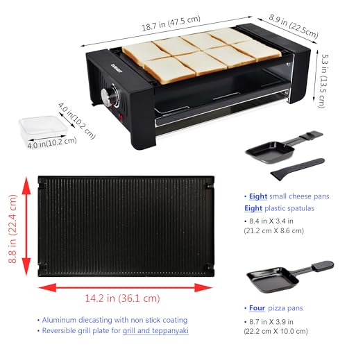 Raclette Party Grill (Cast Aluminum Grill plate with Cheese trays and Pizza pans,black)