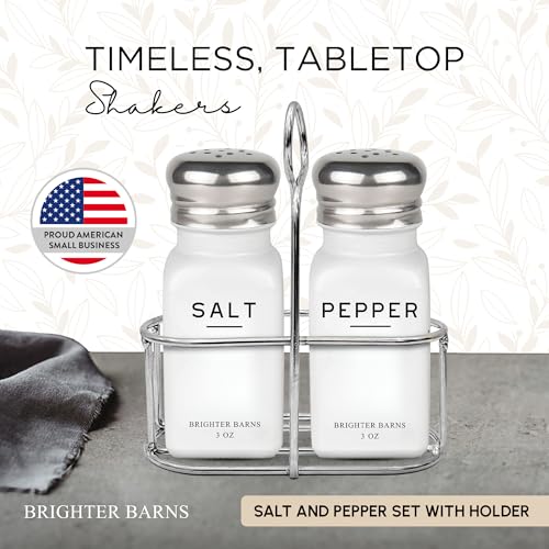 White Salt and Pepper Shakers Set with Holder by Brighter Barns (White)