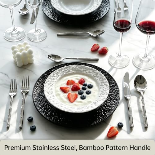 Silverware Set Stainless Steel Flatware Set 30 Pieces Cutlery Set Bamboo Handle Mirror Finished for Home Kitchen Restaurant Hotel Cutlery Set Service for 6 (Silver / 30 pcs)