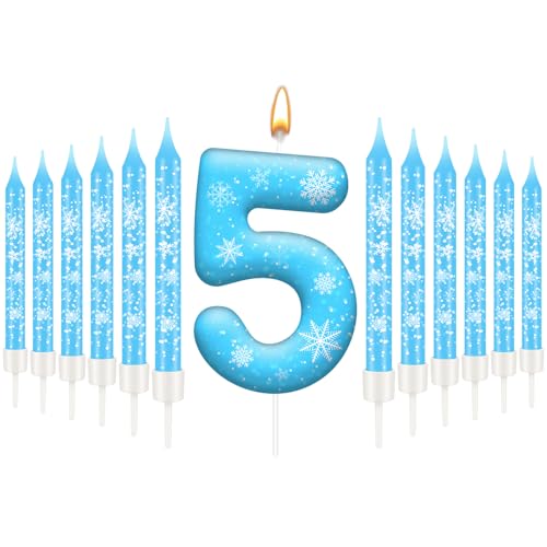 13PCS Snowflake Themed Birthday Candles Number 5 Set (Blue+White / 5)