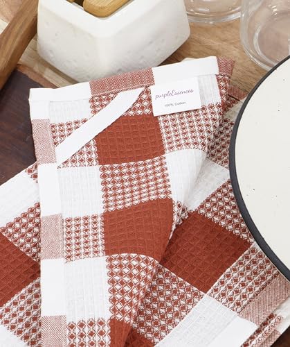Waffle Weave Plaid Dish Cloth (15 x 25 - 4 Pack / Rust White)