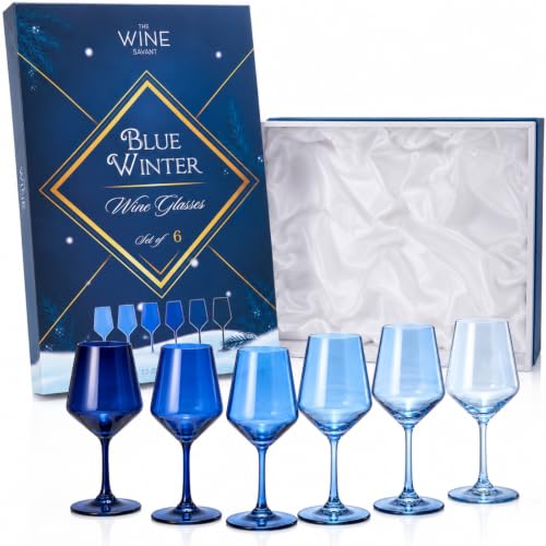 Winter Blue Christmas Wine Glasses Set of 6 Colored Crystal 12oz Navy Tall Stemmed Glassware for Holiday Celebrations (Blue)