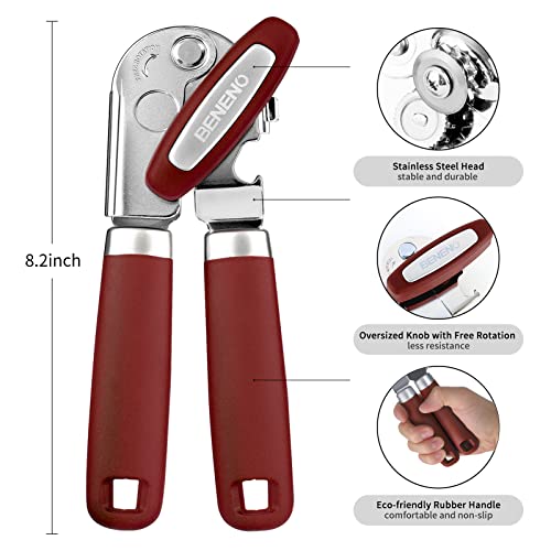 Heavy Duty Hand Can Opener Manual with Magnet Lid Remover (Red)