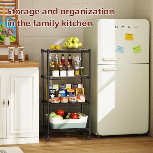 Small Wire 4 Adjustable Shelves Pantry Metal Shelf Floor Organizer (Black / 4-Tier 11.8"D X 17.3"W X 45.2"H)
