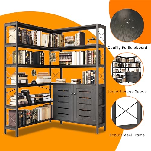 6 Shelf Corner Bookshelf (Black / Large With Storage Cabinet)