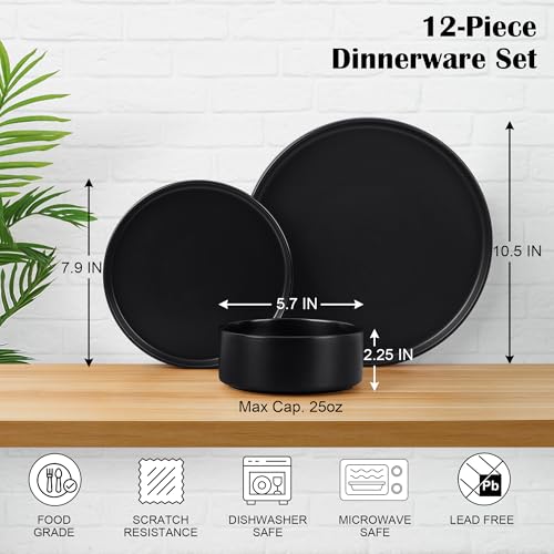 Stoneware Dinnerware Sets (Matte Black / Round-12pcs for 4)