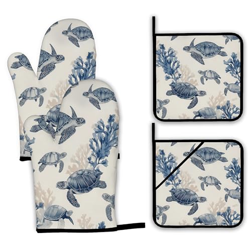 Turtle Coral Oven Mitts and Pot Holders Set (Turtle Coral)