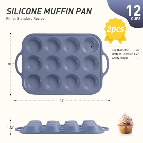 2 Packs 12 Cups Silicone Muffin Pan with Metal Reinforced Frame Regular Size Cupcake Pan Tray Egg Bites Silicone Circle Cookie Molds Muffin Tin Bread Loaf Pans for Homemade Reusable Tart Pans (2pc: 12-Cup Regular / Morandi Pink & Morandi Blue)