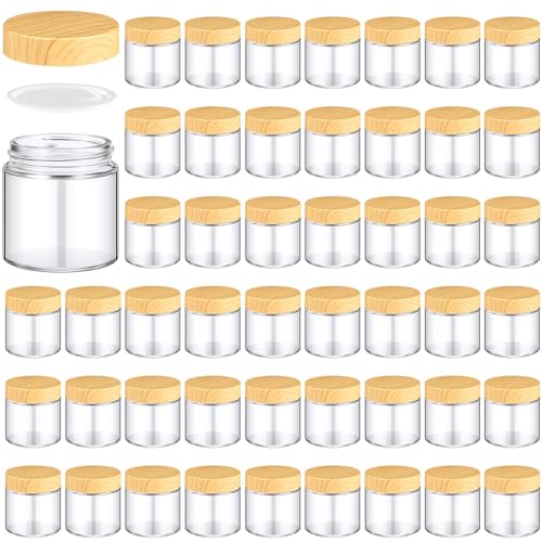 48 Pcs 4 oz Glass Jars with Lids Empty Small Glass Containers and Inner Liners Reusable Cosmetic Jars Round Airtight Bottles with Plastic Woodgrain Lids for Travel (Raw Wood Grain / 4 oz)