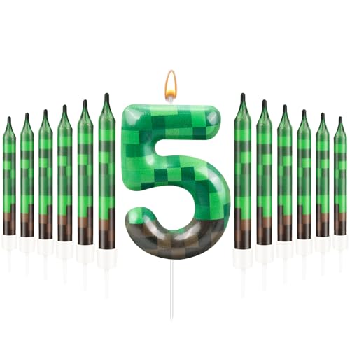 13 Pcs Dynamite Candles 12 TNT Themed Birthday Cake Candles and Number 5 Candle Cake Topper for Pixel Theme Birthday Party Anniversary Party Dynamite Theme Party Video Game Party Supplies (Green+Brown / 5)