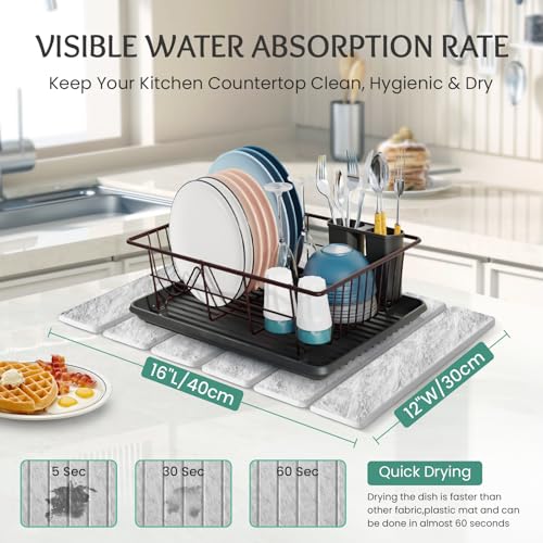 Stone Dish Drying Mat Collapsible Diatomaceous Earth Absorbent Mat Quick Dish Drying Pad Dish Rack Pad Match Any Counter to Multiple Usage for Kitchen (Light-Gray Frosted Pattern / 16" x 12")