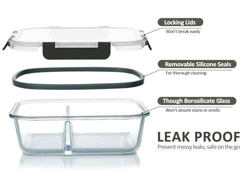 5 Pack,36 oz, 2 Compartments Glass Meal Prep Containers with Lids (Gray)