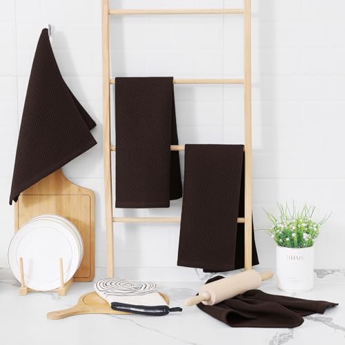 100% Cotton Waffle Weave Kitchen Dish Towels 6 (Dark Brown / 13 X 28 - 6 Pack)