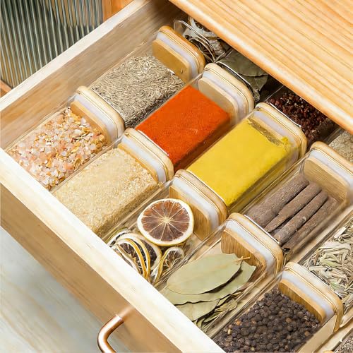 Square Glass Spice Jars with Labels 8 oz 6 Pack with Bamboo Lids (8 fl oz x 6 - Square)