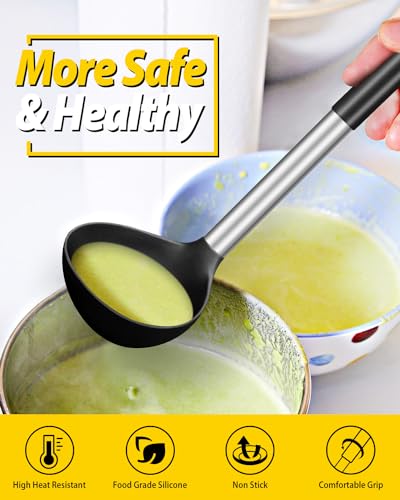 Silicone Soup Ladle Spoon Kitchen Utensils (BLACK-KHAKI)