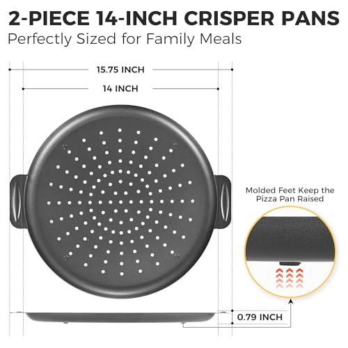 2 Pack Pizza Pan 14 Inch with Holes (Gray / 14inch with Handles (external size:15.75inch))