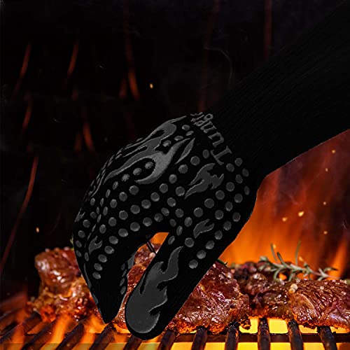 Mitts Oven Gloves with Fingers BBQ Heat Resistant Gloves Oven Gloves 1472℉ 14Inch Cut Resistant Cooking Grill Gloves Silicone Non (Black)