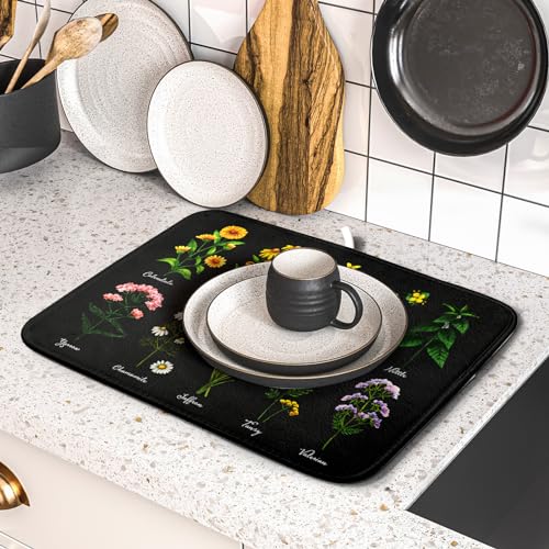 Black Flower Herbs Dish Drying Mat 16x18 Inch Botanical Floral Microfiber Drying Mats with Hanging Loop Foldable Absorbent Dish Drainer Rack Pad (Black Flower Herbs / 16" x 18")