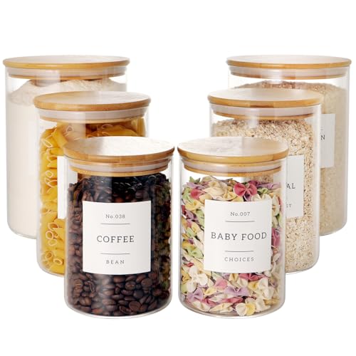Set of 6 Glass Flour and Sugar jars with 132 Kitchen Pantry Labels (6pack)
