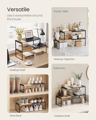 Spice Rack Expandable Cupboard Shelf Orgnizer (Light Bamboo + Ink Black / 2 Pack)